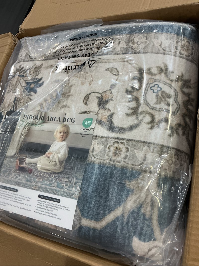 Condition photo showing New/Like New for WITSHOCK 7x9 Area Rugs for Living Room: Machine Washable Non Slip Vintage Carpet - Low Pile Lightweight Print Rug for Bedroom Dining Room - Stain Resistant for Household - Pet Owners (Blue) Blue/Cream White/Light Ivory 7' x 9' (Rectangular)