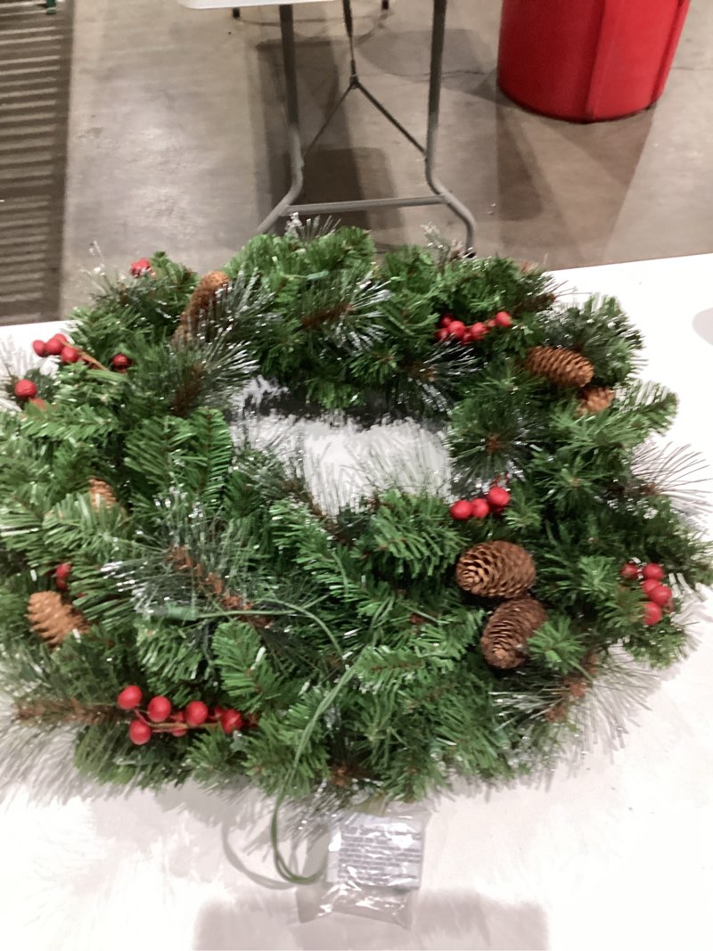 Condition photo showing Good Condition for Brightown 24 Inch Pre-Lit Artificial Christmas Wreaths for Front Door,Christmas Decorations Indoor with Pine Cones & Berry Clusters, Christmas Wreath with 50 Lights for Fireplace Wall Window, Plug-in