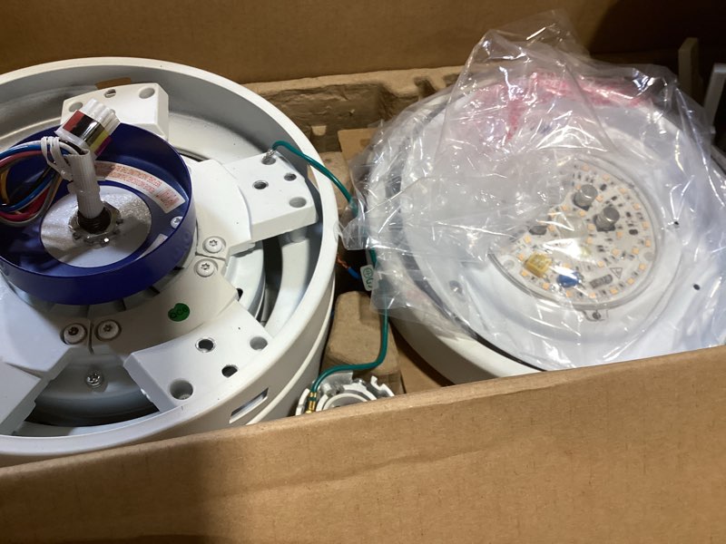 Condition photo showing As Is for harbor breeze ollington 52-in integrated led matte white with white oak blades ceiling fan with light 5 -blade )incomplete item