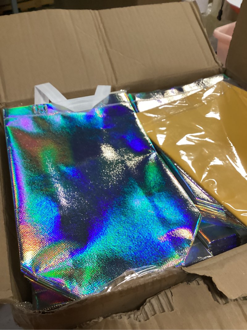 Condition photo showing Good Condition for lzerking 50-pack reusable gift bags (10x8x4 inches) holographic non-woven eco-friendly party favor bags with handles for weddings, christmas, birthdays, bulk gift packaging