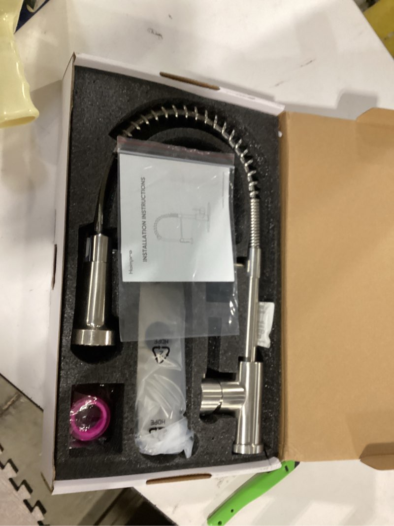 Condition photo showing Good Condition for Hoimpro Brass Spring Kitchen Faucet with Pull Down Sprayer with Cover Plate, Rv Kitchen Sink Faucet with cUPC Hoses, 3 Function Single Handle Laundry Faucet, Brushed Nickel (1 or 3 Hole) Nickel & Stainless steel Kitchen Faucet