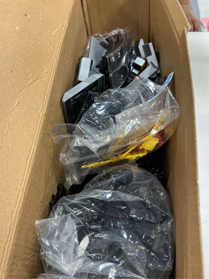 Condition photo showing As Is for slot car race track set, 19ft electric track with led lights and 4 slot cars, 2 hand controllers and racing game lap counters, set features loop, turns, and crossover for boys age 6-12 w/ led lights