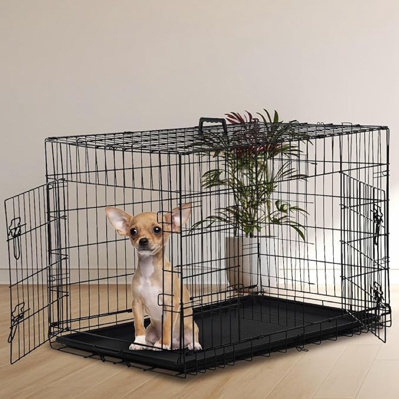  24 Inch Dog Crate Dog Cage for Large Dogs Folding Mental Wire Dog Kennel Outdoor and Indoor with Double-Door Divider Panel Removable Tray and Handle