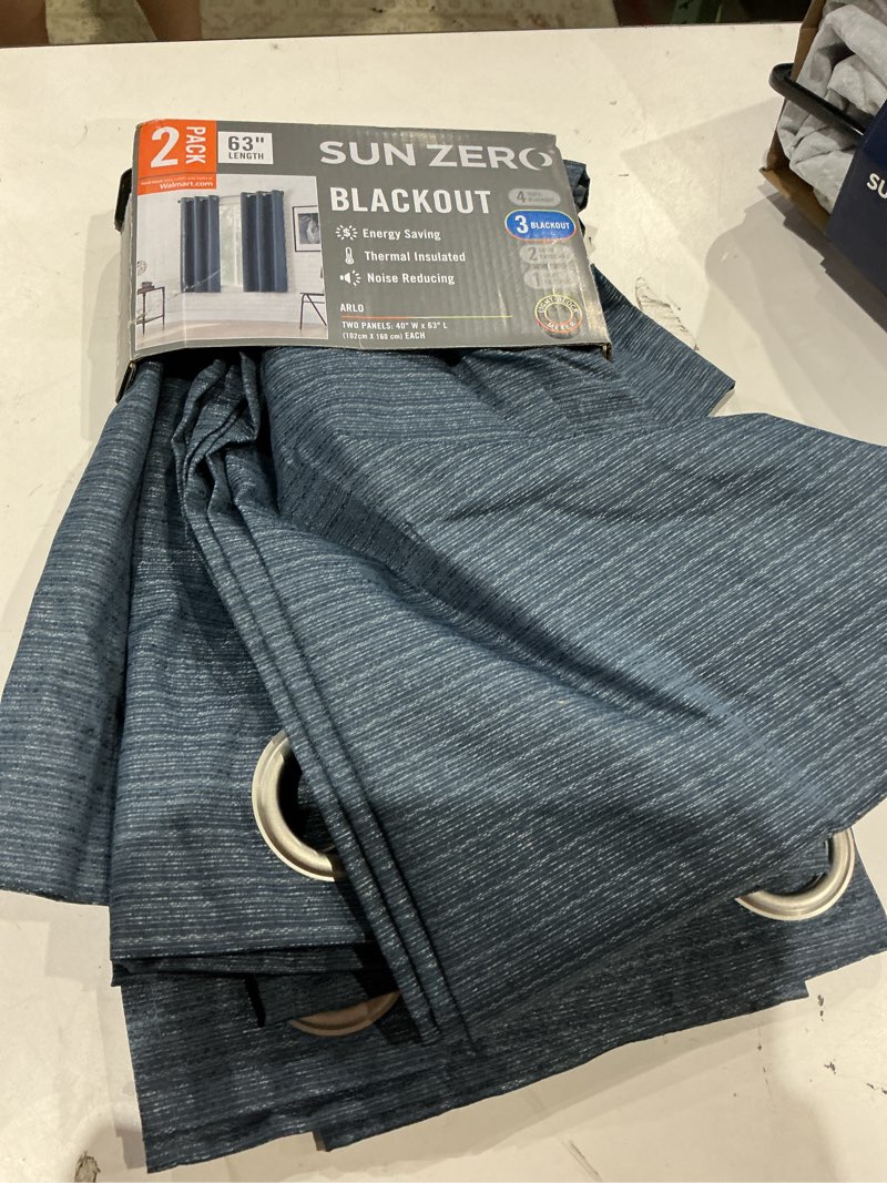Condition photo showing As Is for sun zero 2-pack arlo textured thermal insulated grommet curtain panel pair, navy, 40" w x 63" l