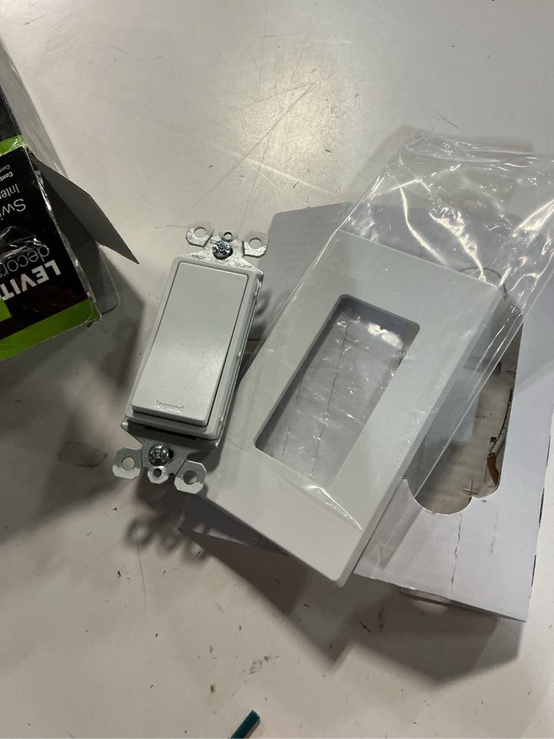 Condition photo showing As Is for leviton decora smart switch, wi-fi, works with matter, alexa, google assistant, apple home/siri & wired or wirefree 3-way, neutral wire required, d315s-1rw, white