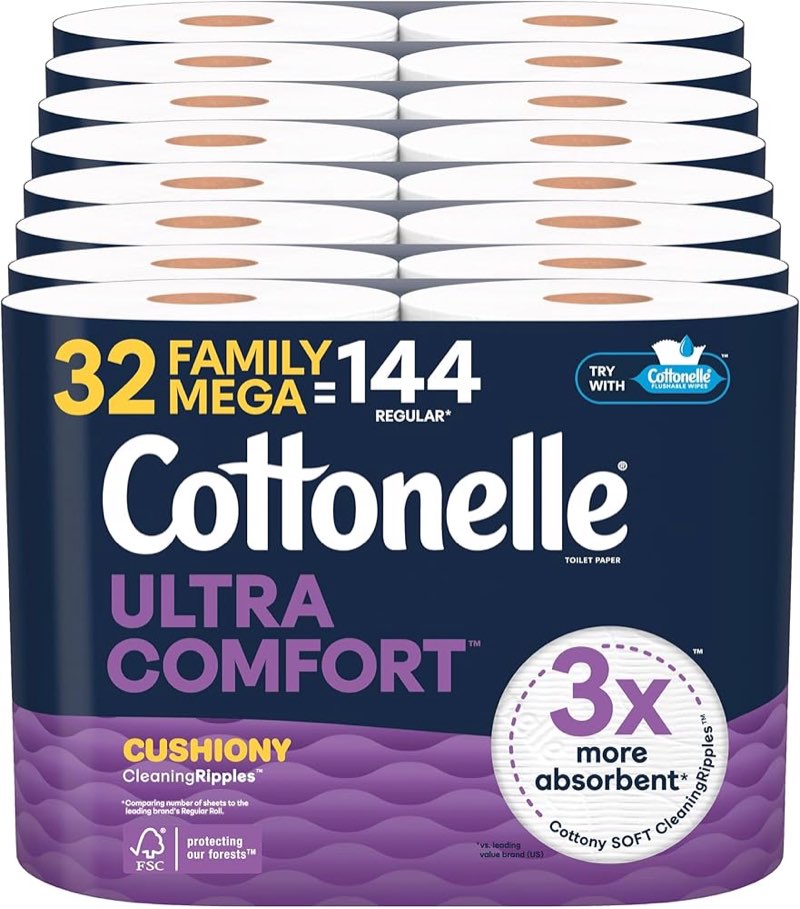 Cottonelle Ultra Comfort Toilet Paper with Cushiony CleaningRipples Texture, 32 Family Mega Rolls = 144 Regular Rolls (8 Packs of 4) 296 sheet (Pack of 32)