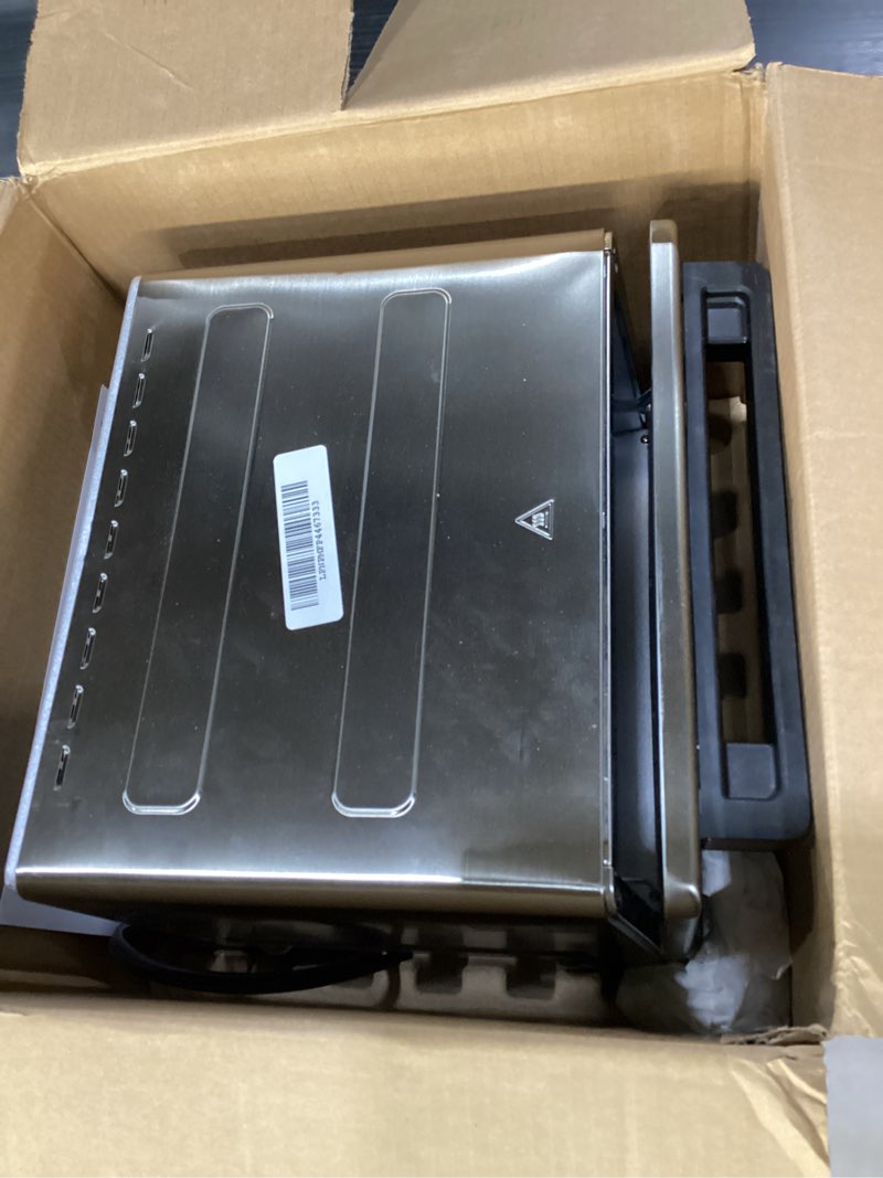 Condition photo showing As Is for *not tested / door doesn’t close*Panasonic FlashXpress Toaster Oven Countertop, Compact 4 Slice Toaster Oven w/Double Infrared Heating, PFAS-free, 6 Auto Cook Options & Precise Temperature Control, 1300W - NB-G200P (Stainless Steel) FlashXpress Compact Stainless Steel