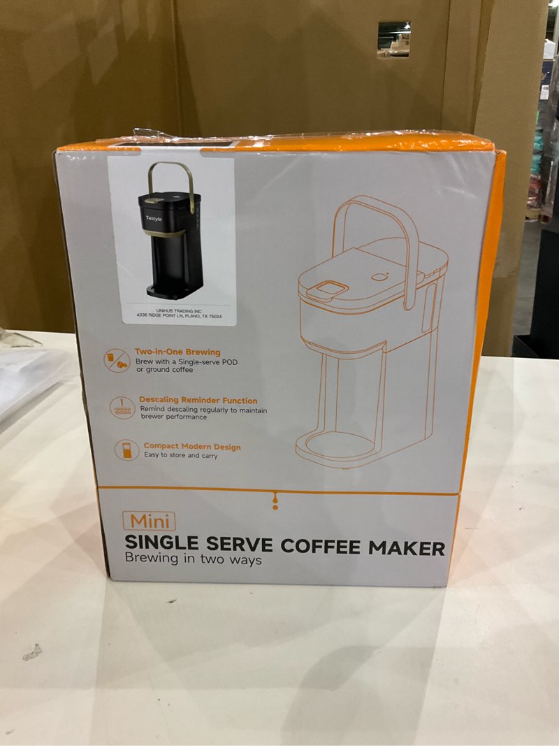 Condition photo showing As Is for Single Serve One Cup Coffee Maker, for K Cups and Grounds, Mini Coffee Maker with Portable Handle, 6 to 12 Oz Brew Size, for Travel, Camping, Office, RV and Dorm, 120V, Black and Gold