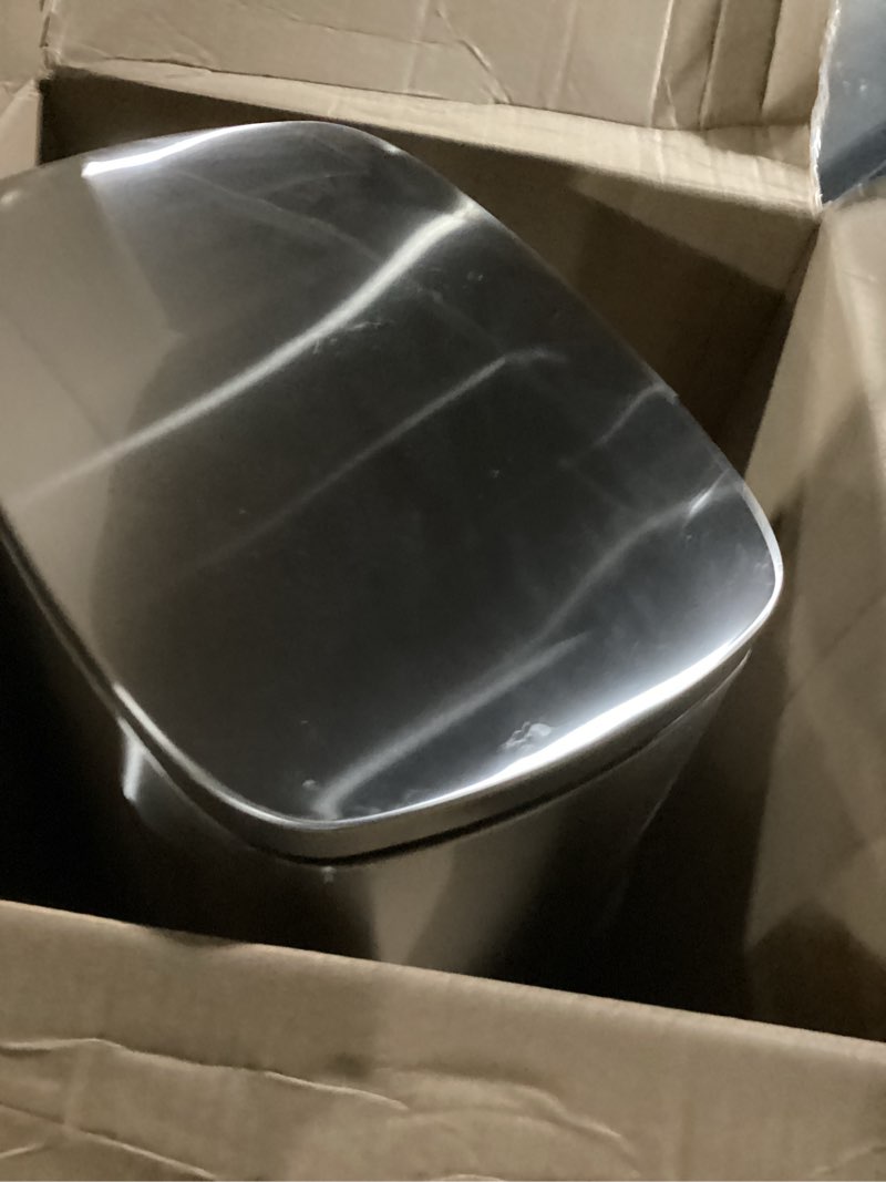 Condition photo showing As Is for simpli-magic 50 liter / 13.2 gallon soft-close, smudge resistant trash can with foot pedal and built in filter- stainless steel, sleek finish silver 50l/13.2 gallon