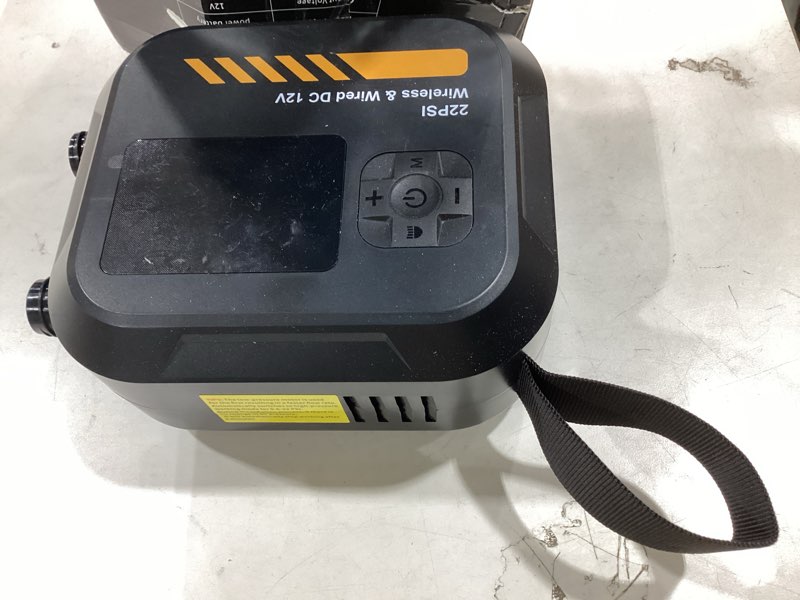 Condition photo showing As Is for paddle board pump electric portable,rechargeable 22 psi sup air pump,dual power 7800mah,12v dc car plug,inflation deflation,auto-off,for paddleboard,kayak,kite,tent,kayaks black