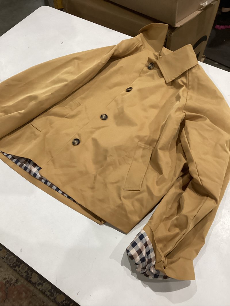 Condition photo showing Good Condition for womens short plaid trench coat lapel button down jacket with pocket small camel