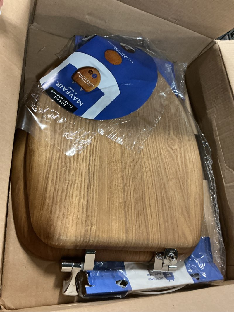 Condition photo showing Good Condition for Mayfair Natural Oak Veneer Toilet Seat with Chrome Hinges, Elongated, Wood