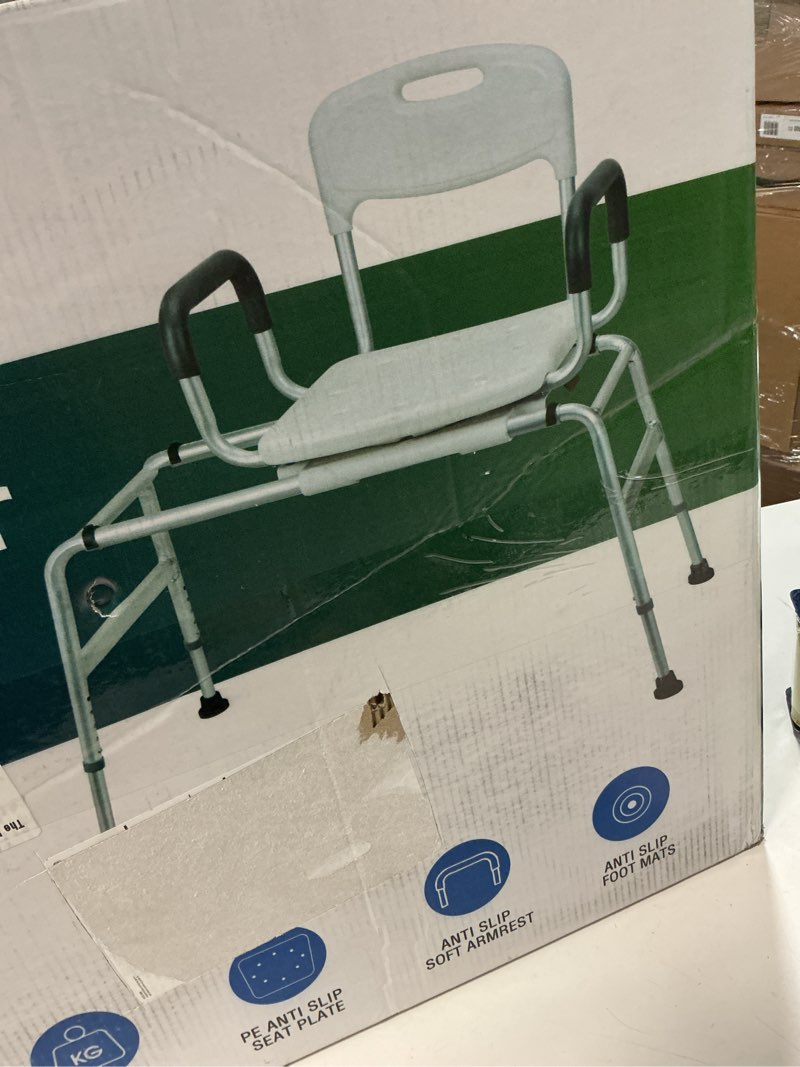 eosprim sliding shower chair with 360° swivel seat, tub transfer bench with drainage holes, pivoting arms and seat belt, non-slip foot mats, for the elderly, sick and handicap white large
