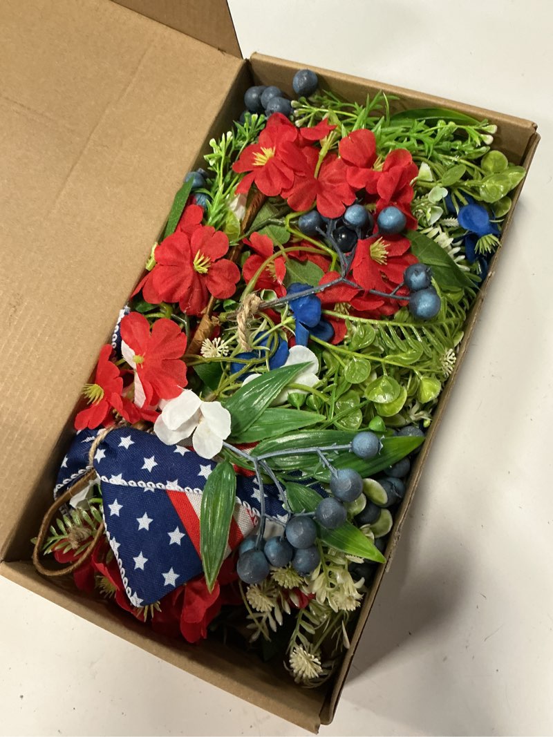 Condition photo showing Good Condition for 2 pack 21'' patriotic teardrop swag wreaths artificial 4th of july hanging swag for cabinets red white blue floral navy blue berries for independence day memorial day front door porch window wall 2 patriotic-8