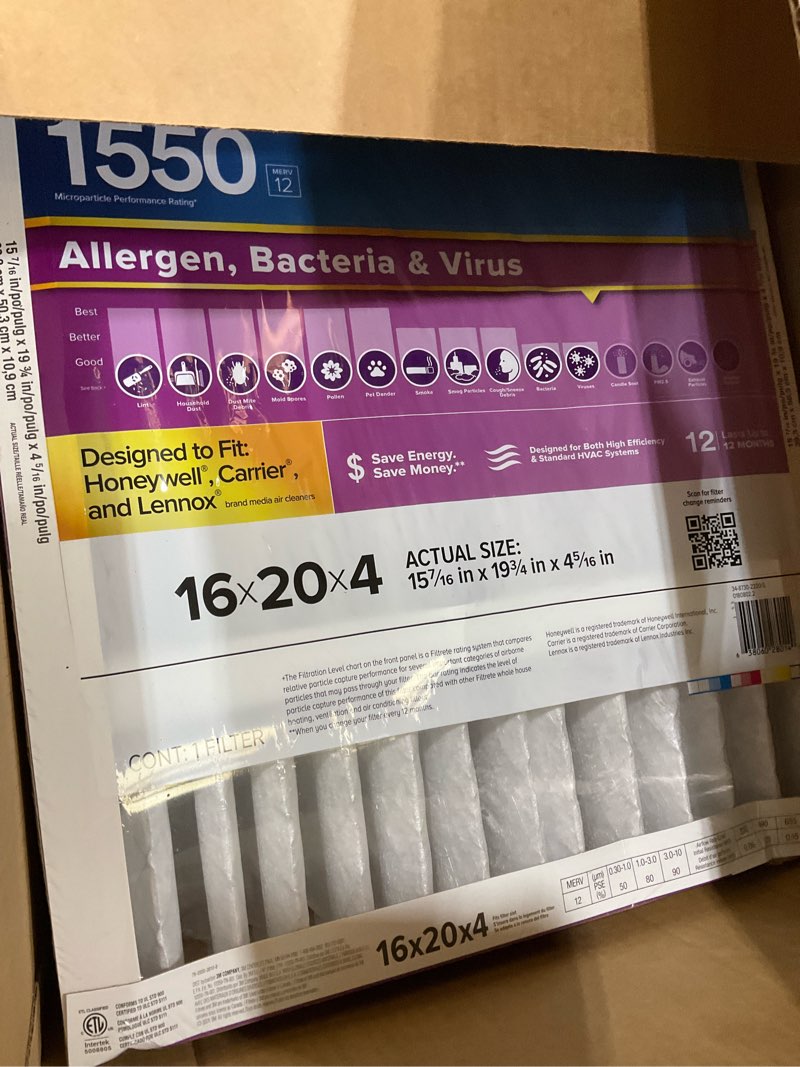 Condition photo showing New/Like New for filtrete 16x20x4 ac furnace air filter, mpr 1550, merv 12, fits lennox & honeywell, allergen, electrostatic air cleaning filter, 2-pack (actual size 15.88x19.88x4.31 in)