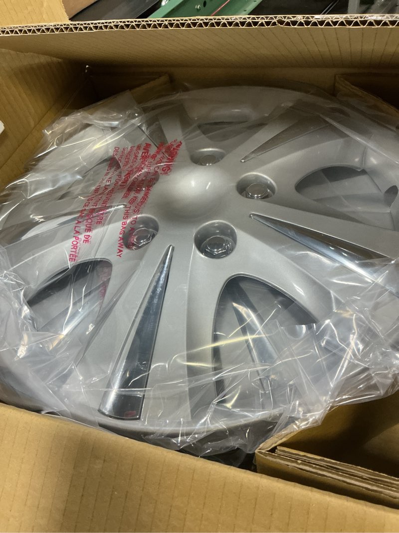Condition photo showing New/Like New for custom accessories 4-pack 15" sgt-5 wheel covers, replacement hubcaps for cars, trucks, suvs — silver/chrome 15" wheel cover