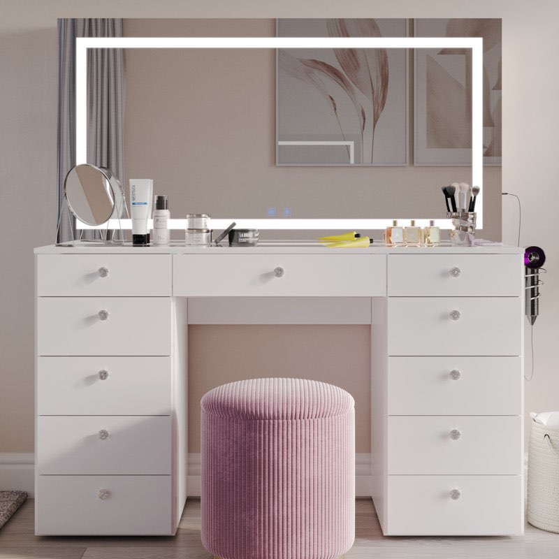 ( incomplete box 1 of 3)Lydia Extra-Large Makeup Vanity With Bluetooth Speakers And LED Mirror