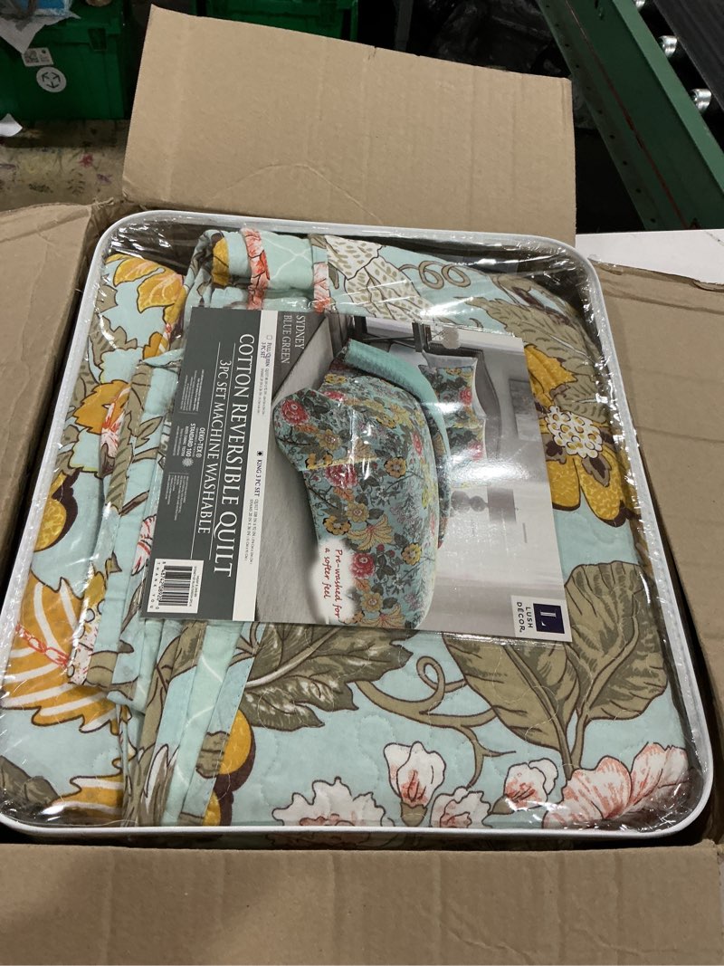Condition photo showing Good Condition for lush decor sydney reversible cotton quilt set, 3 piece set, king, blue & green - cotton bedding set - blue floral quilt - cottage decor - bedding king size blue & green king