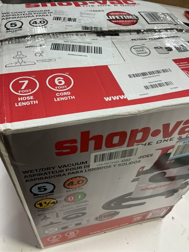 Condition photo showing As Is for Shop-Vac 5430162 Wet/Dry Vacuum, 5 Gallon, 4 Peak HP, 1-1/4 Inch Diameter x 7 Foot Hose, 6 Foot Cord, Ideal for Jobsite, Garage, Workshop & Home