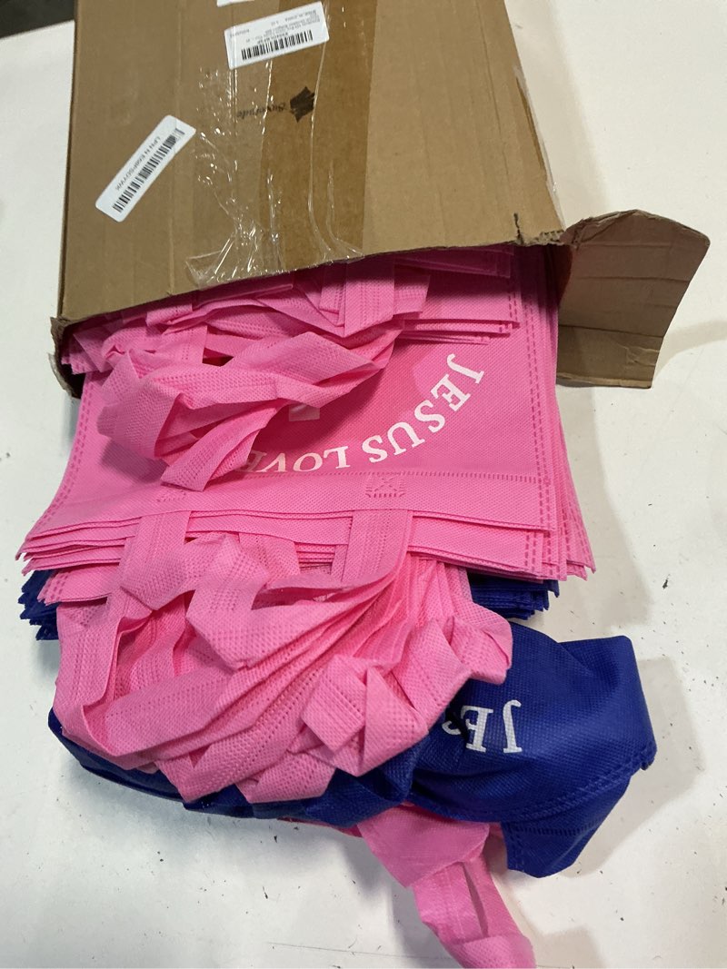 Condition photo showing Good Condition for sweetude 100 pcs jesus loves you non woven bags bulk christian religious gift bag reusable goodie treat bags with handles for kids church christian religion gift