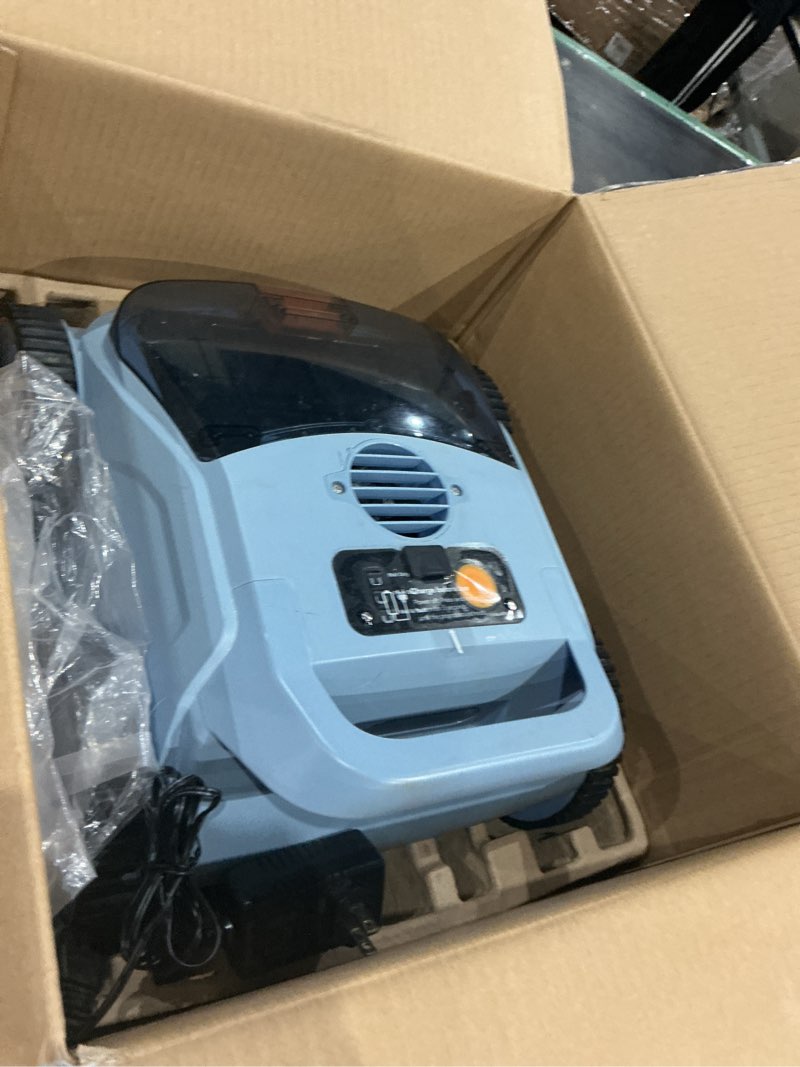 Condition photo showing As Is for robotic pool vacuum, pool cleaner for inground pools, smart navigation, floor/wall/waterline cleaning, 150 mins runtime for pool up to 2000 sq.ft blue