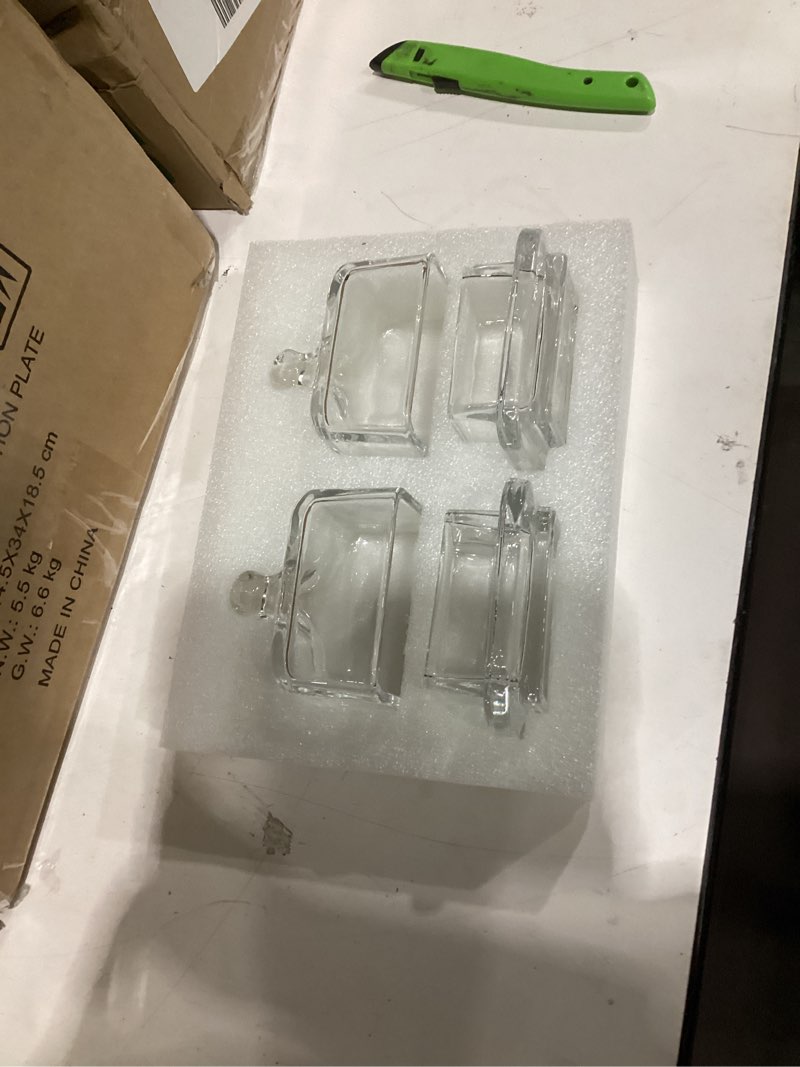 Condition photo showing New/Like New for Dicunoy 2 Pack Glass Butter Dishes with Lids, Mini Butter Keeper Containers, Clear Butter Serving Storage Dish with Handle, Rectangle Crystal Small Butter Cloche for Mayo, Jelly, Jam, Candy