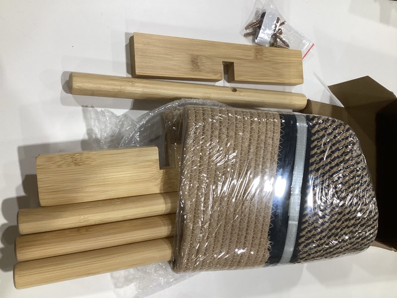 Condition photo showing Good Condition for plant basket with stand indoor planter pot holder sturdy jute rope modern woven basket, cotton rope woven pot with bamboo stand(10 inch,black and beige stripes) 10 inch black and beige stripes