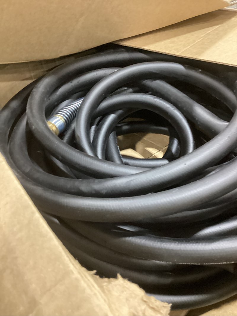 Condition photo showing As Is for 25ft 3/4 heavy duty rubber garden hose - 300psi working, 1000psi burst - hot/cold water - five-layered braiding for durability - versatile for gardening, agriculture, construction(black) 3/4 25ft male to female black