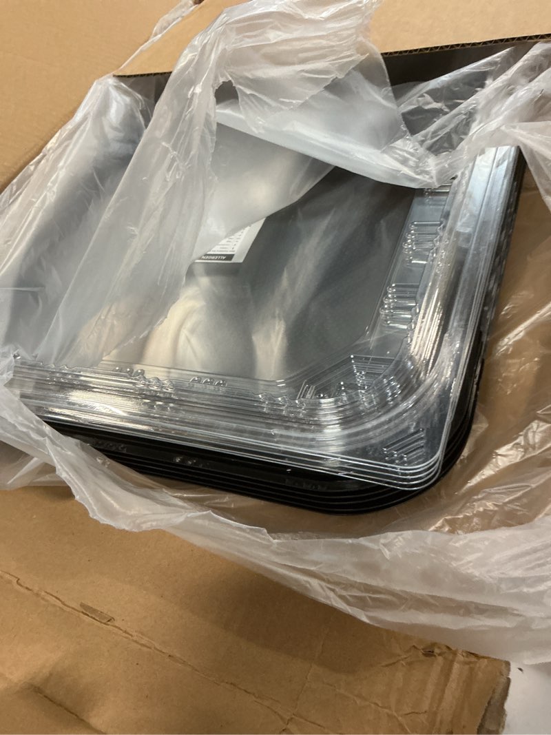 Condition photo showing Good Condition for 5 pack catering trays with lids – 17" serving tray with lid, heavy duty recyclable plastic party platters for catering, buffet, picnics & events – food trays with clear lid (17.72 x 12.20 x 2.95 inch) 5 pack - 18 x 12in