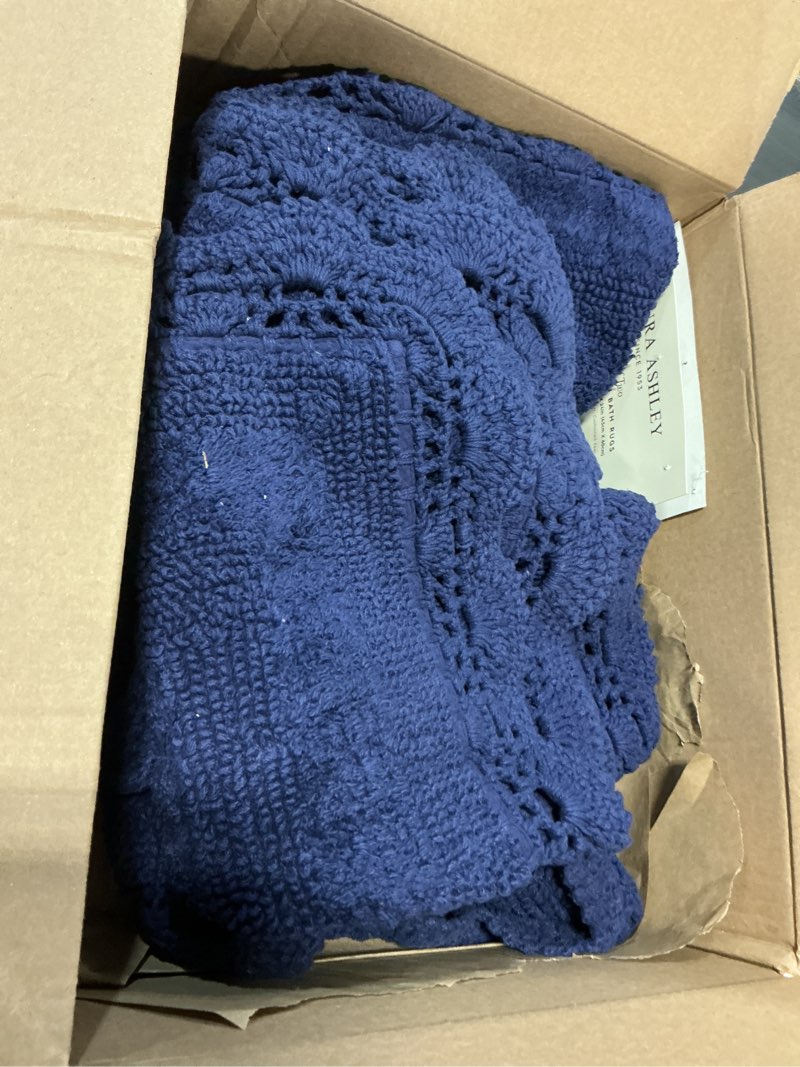 Condition photo showing Good Condition for laura ashley absorbent bath mat reversible crochet soft and plush bathroom mat 100% cotton 2-piece bath rug set, indigo blue indigo 17" x 24" / 21" x 34"