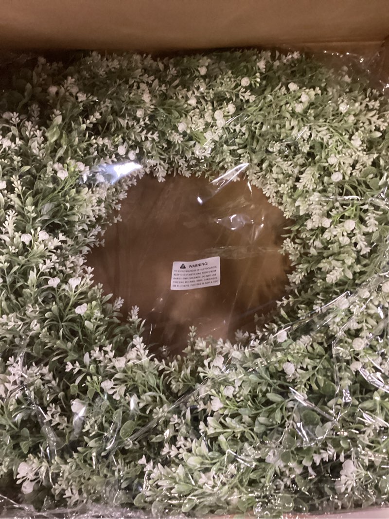 Condition photo showing New/Like New for 32'' Eucalyptus Wreath for Front Door - Large Artificial Eucalyptus Leaves with White Seeds Greenery Outdoor Wreath for Porch,Window,Farmhouse,Home,Hanging Decor- Spring, Summer, All Seasons (Green) 32"