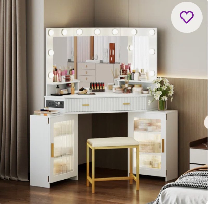 Modern Corner Makeup Vanity Set with Mirror and Cabinets