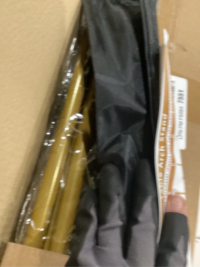 Condition photo showing As Is for Over The Table Rod Stand with Clamps Adjustable 31"-110'' Length 31"-64" Height Gold Table Balloon Arch Stand with Storage Bag, Metal Decorating Rod Hanging