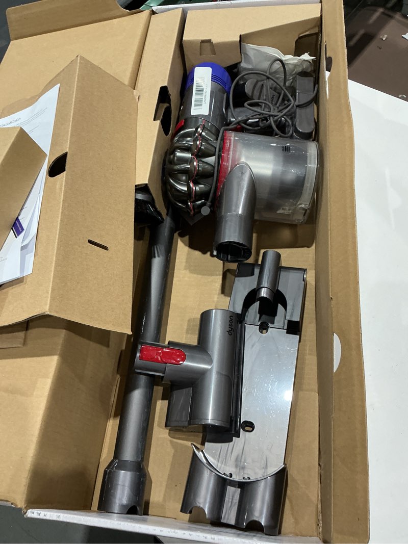 Condition photo showing As Is for dyson v8 cordless vacuum, cleans hard floors and carpets, detangles, converts to handheld, 115aw, 2 power modes, up to 40 minutes¹