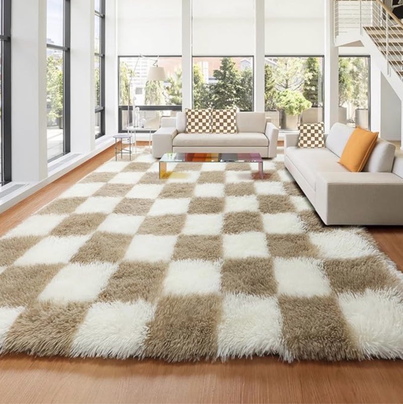 KICMOR Area Rugs (Unknown Size) for Living Room, Large Fluffy Beige and Cream White Checkered Rug Big Fuzzy Shag Shaggy Carpets for Bedroom, Soft Plush Furry Rug for Boy Girls Room Dorm Home Decor Aesthetic