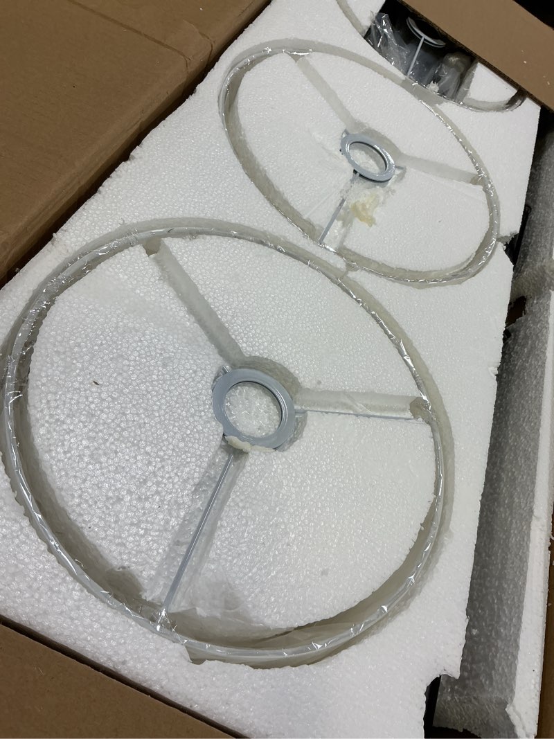 Condition photo showing Good Condition for 47" W Modern Linear Kitchen Island Pendant Light Fixture 3-Light White Linen Drum Shade Chandelier Black Metal Linear Chandeliers for Dining Room Farmhouse Hanging Light for Living Room, Bar, E26 47inch Black and white