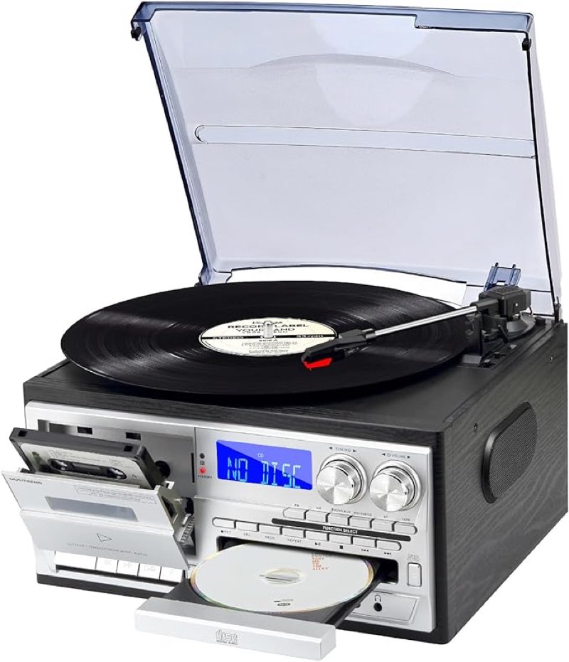 9 in 1 Record Player with External Speakers,3 Speed Bluetooth Turntable Vinyl Player with CD/Cassette Play,AM/FM Radio, USB SD/MMC Play, Aux-in/RCA Line Out