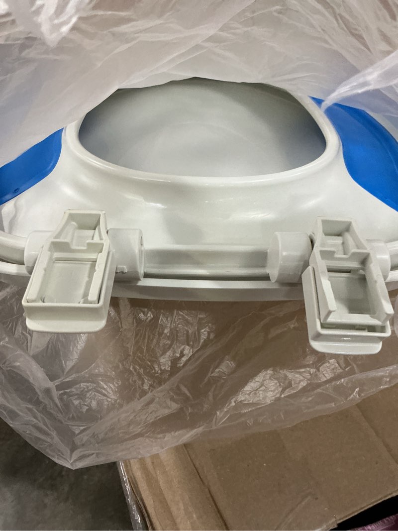 Condition photo showing As Is for mayfair padded toilet seat with chrome hinges, soft vinyl over wood core seat, made in usa, elongated, white