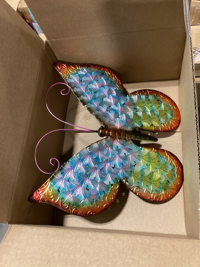 Condition photo showing Good Condition for blue and green metal butterfly wall art decoration, outdoor yard plaque sculpture