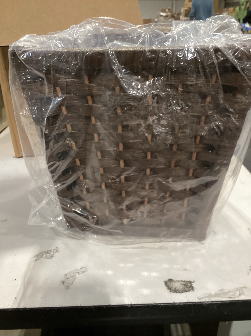 Condition photo showing Good Condition for household essentials woven waste basket, 3 gallons, handwoven paper rope with removable plastic liner, durable wood frame, wide and open top for easy access, decorative, brown