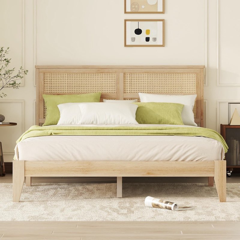 Unique Rattan Headboard Queen Size Bed - Exquisite American Design Enhanced By Support Feet - Ample Underbed Storage Color: Natural