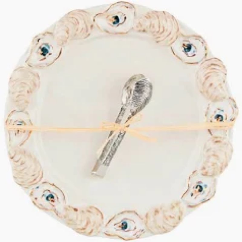 Mud Pie Oyster Round Platter; platter 12" dia | tongs 5 1/2"