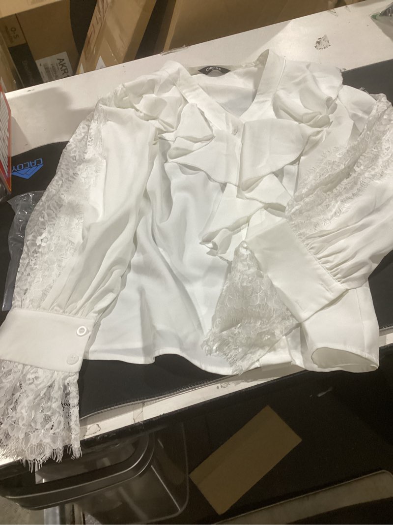 Condition photo showing Good Condition for chicme women’s v neck button down shirt long sleeve chic blouse top with lace patchwork ruffle detail a-white small