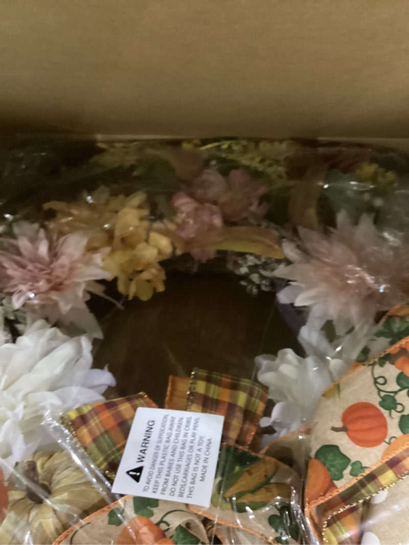 24" Fall Wreaths for Front Door Outside, Autumn Thanksgiving Harvest Wreath with Pumpkins Dahlias Pi