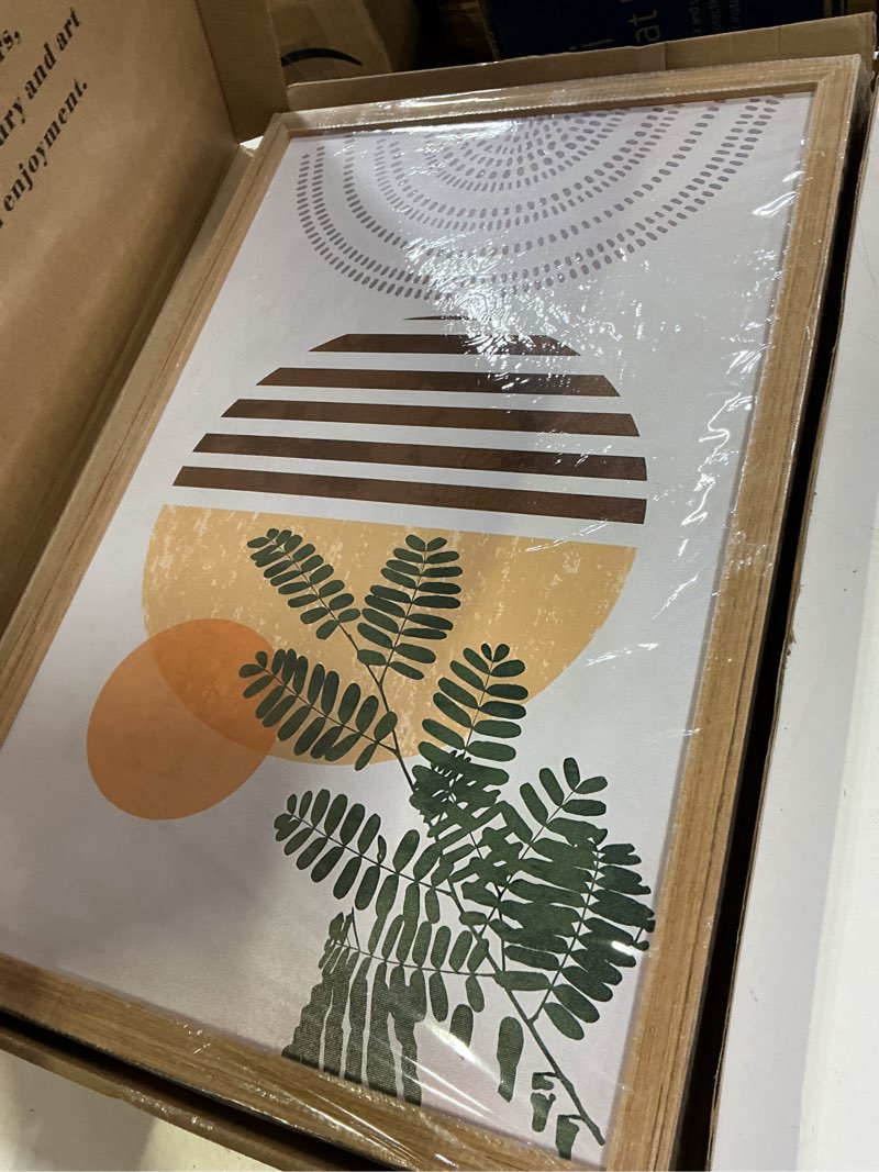 Condition photo showing New/Like New for hcjwcxd 3 piece framed boho botanical wall art modern abstract green leaf canvas prints earth tone fern & sunburst poster minimalist neutral tone wall decor 16x24 inch for living room bedroom kitchen green leaves and rising sun 16x24 inches
