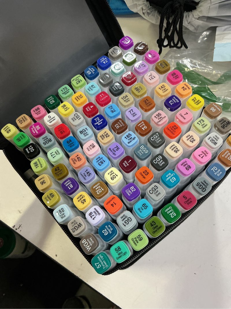 Condition photo showing New/Like New for funoff alcohol markers, 100 colors fine & chisel dual tip art markers, permanent sketch marker for adult coloring, drawing, sketching, illustration