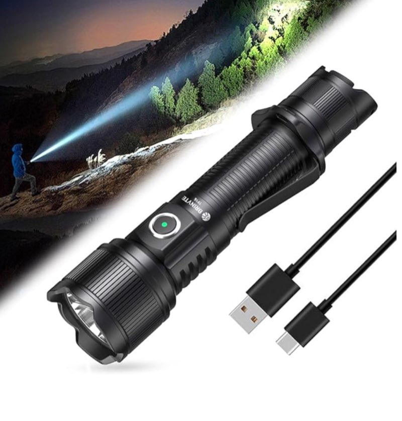 Brinyte PT16 Tactical Flashlight 2000 Lumens Super Bright LED Flashlight, 600m Long Beam USB-C Rechargeable Dual Switches, IP68 Waterproof, Compact for Camping, Hiking, Emergency Use