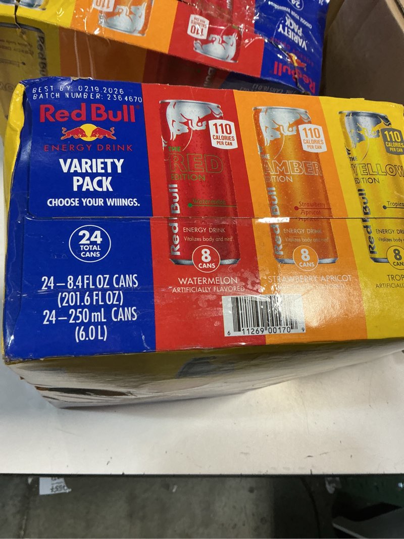 Condition photo showing Good Condition for Red Bull Energy Drink Variety Pack, Red Bull Red, Yellow, and Amber Edition and Energy Drinks, 8.4 Fl Oz, 24 pack Cans Variety 8.4 oz., 24pk, (1x24)( BB 02/19/2026)