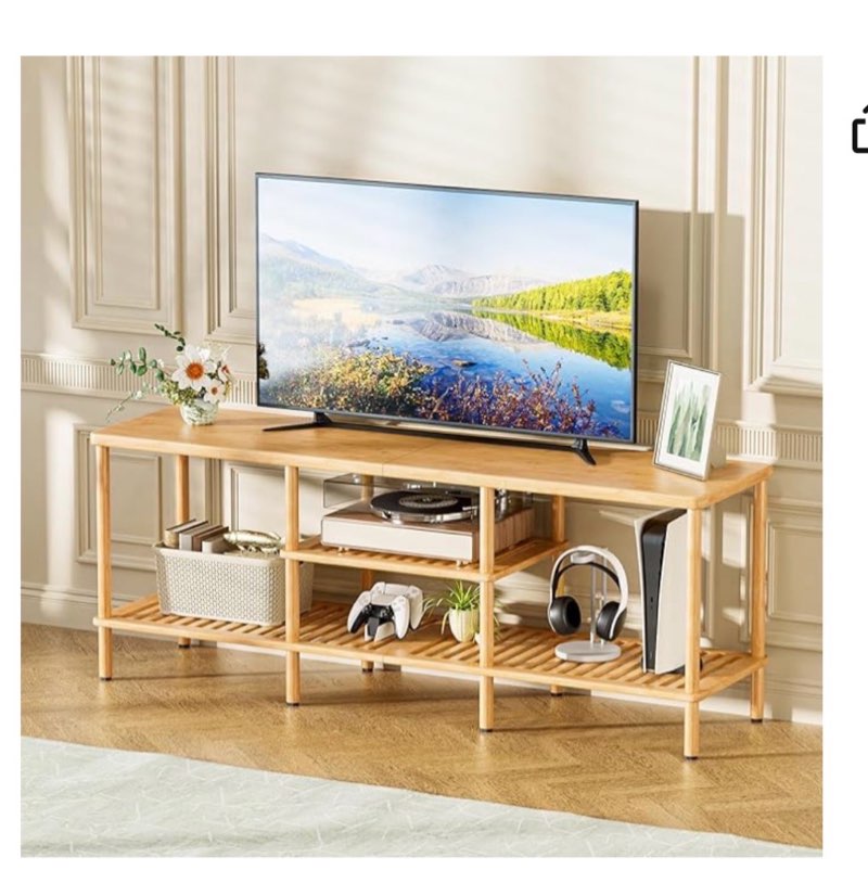 Amazer Bamboo TV Stand for 60 65 Inch TV, Entertainment Center with 3 Tier Open Storage Shelf, Wood 