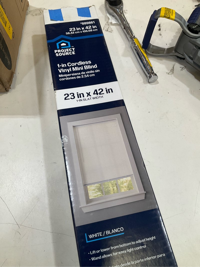 Condition photo showing As Is for project source light filtering 1-in slat width 23-in x 42-in cordless white vinyl light filtering mini-blinds